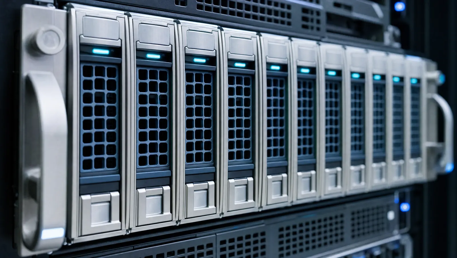 Close-up of server drive bays with rows of cyan activity lights glowing in a dark rack