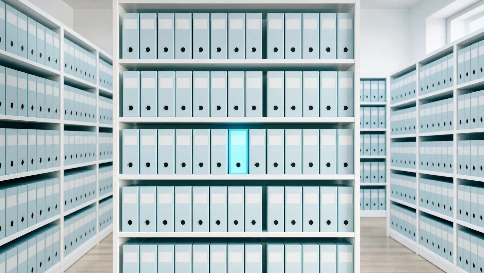 An orderly archive room lined with pale blue box files on shelves, with one box file glowing softly