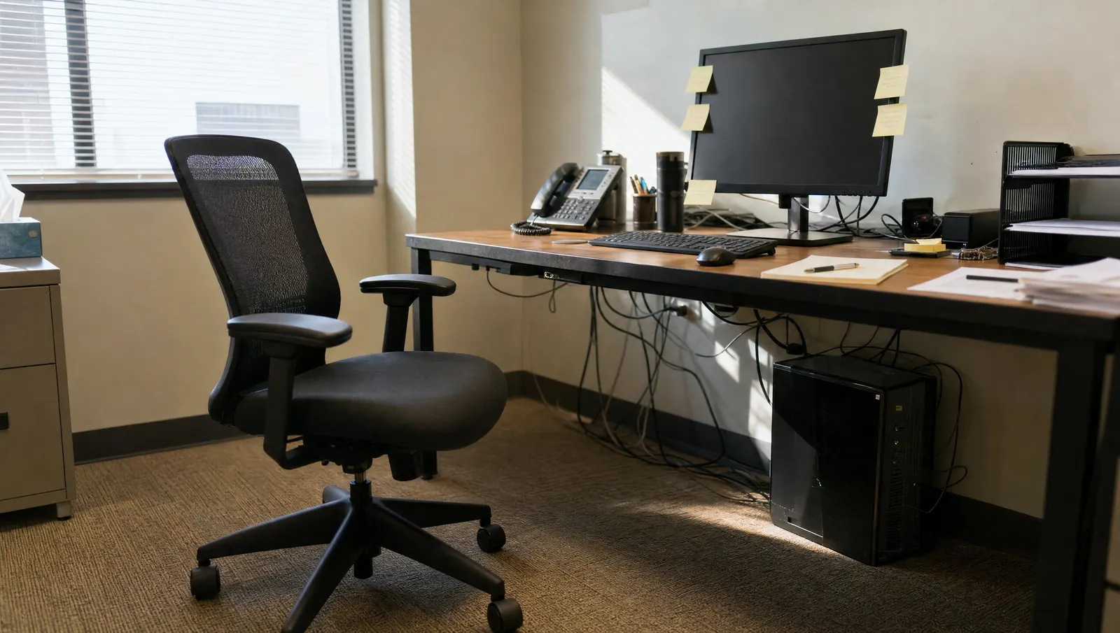 An empty office chair in front of a monitor covered in sticky notes, with a lone server tucked under the desk