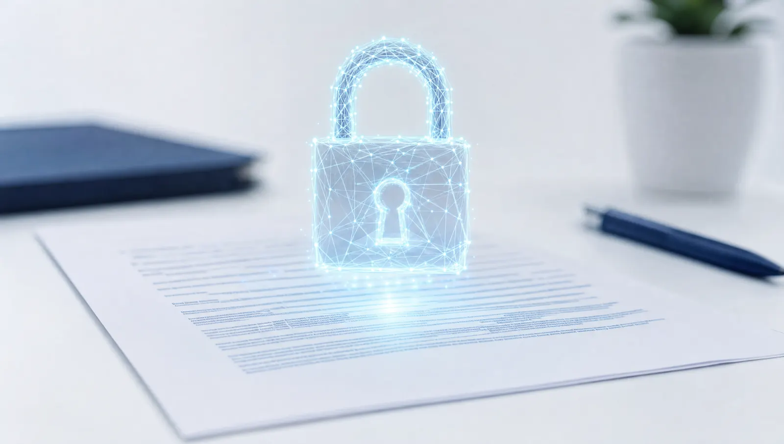 A printed document lying on a desk with a glowing cyan padlock made of light hovering above it