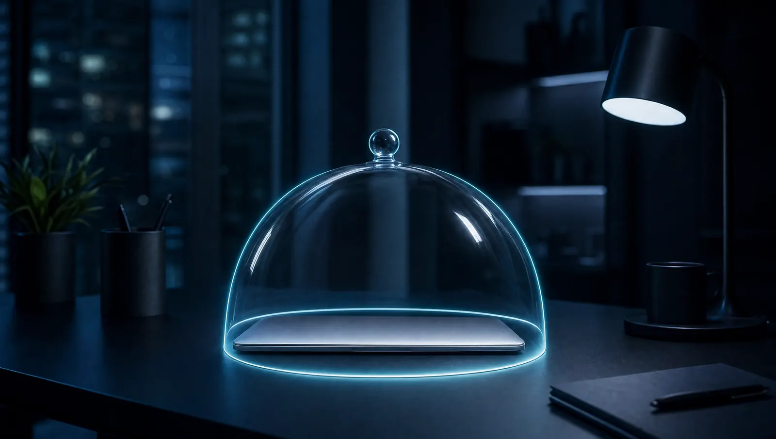 A laptop protected under a glass dome traced with cyan light.