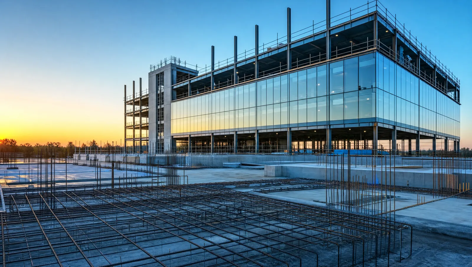 A concrete foundation with exposed steel rebar in the foreground and a glass office building rising behind it