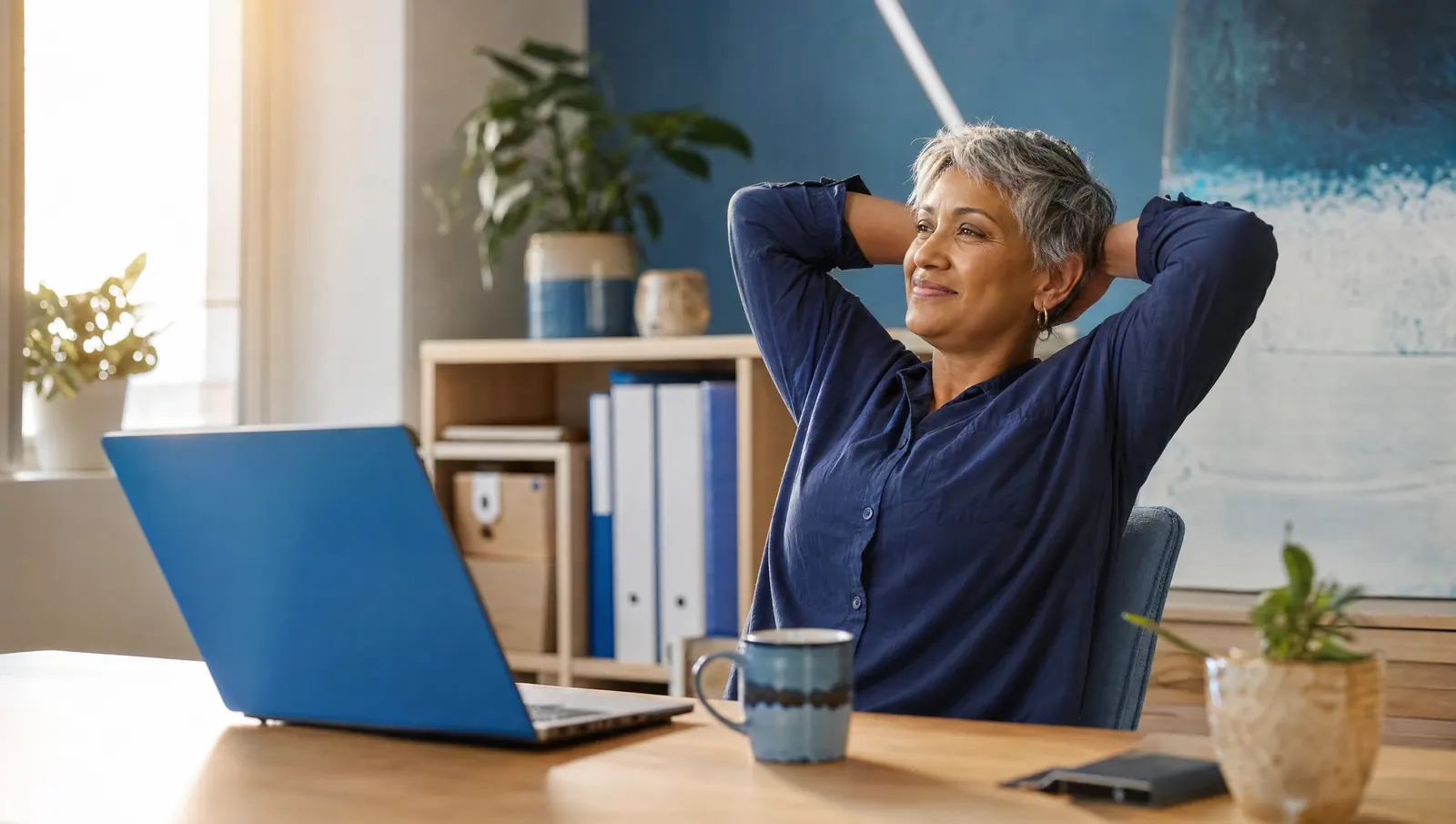 A relaxed South African businesswoman in her fifties sitting at a cleared desk at the end of the day, laptop open in front of her