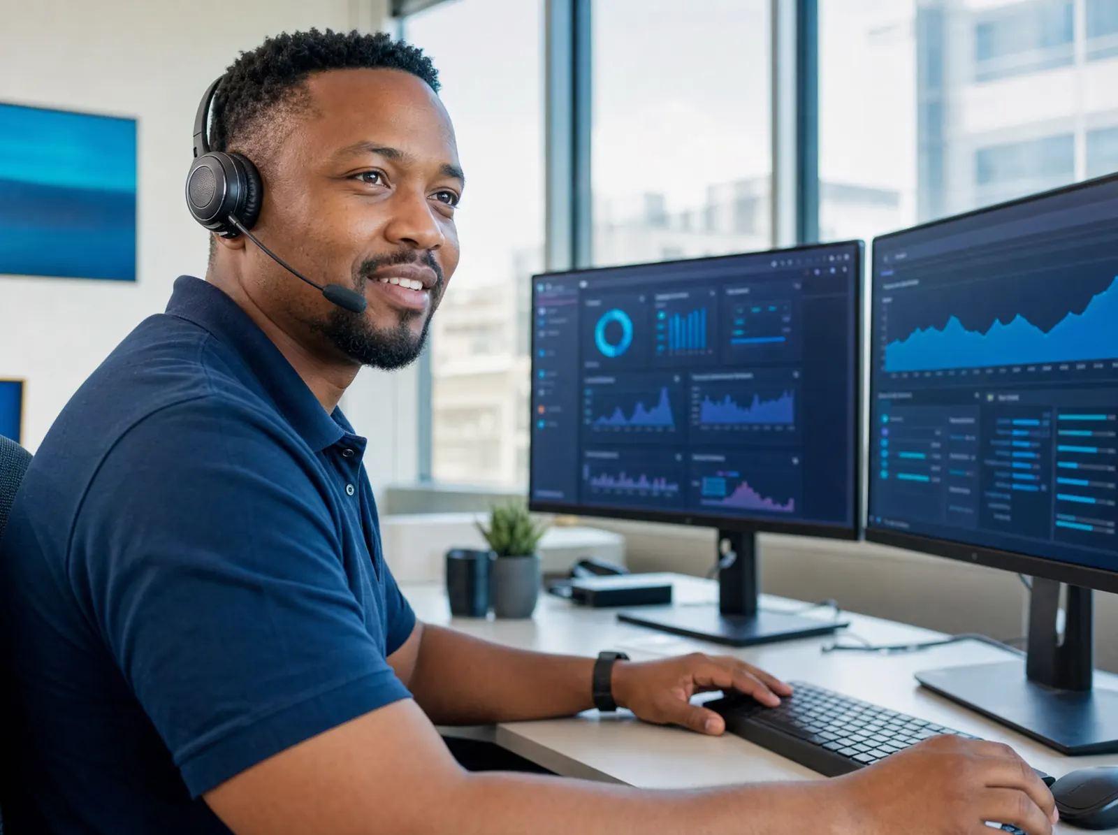A Cloud ITS engineer with a headset reviewing monitoring dashboards.