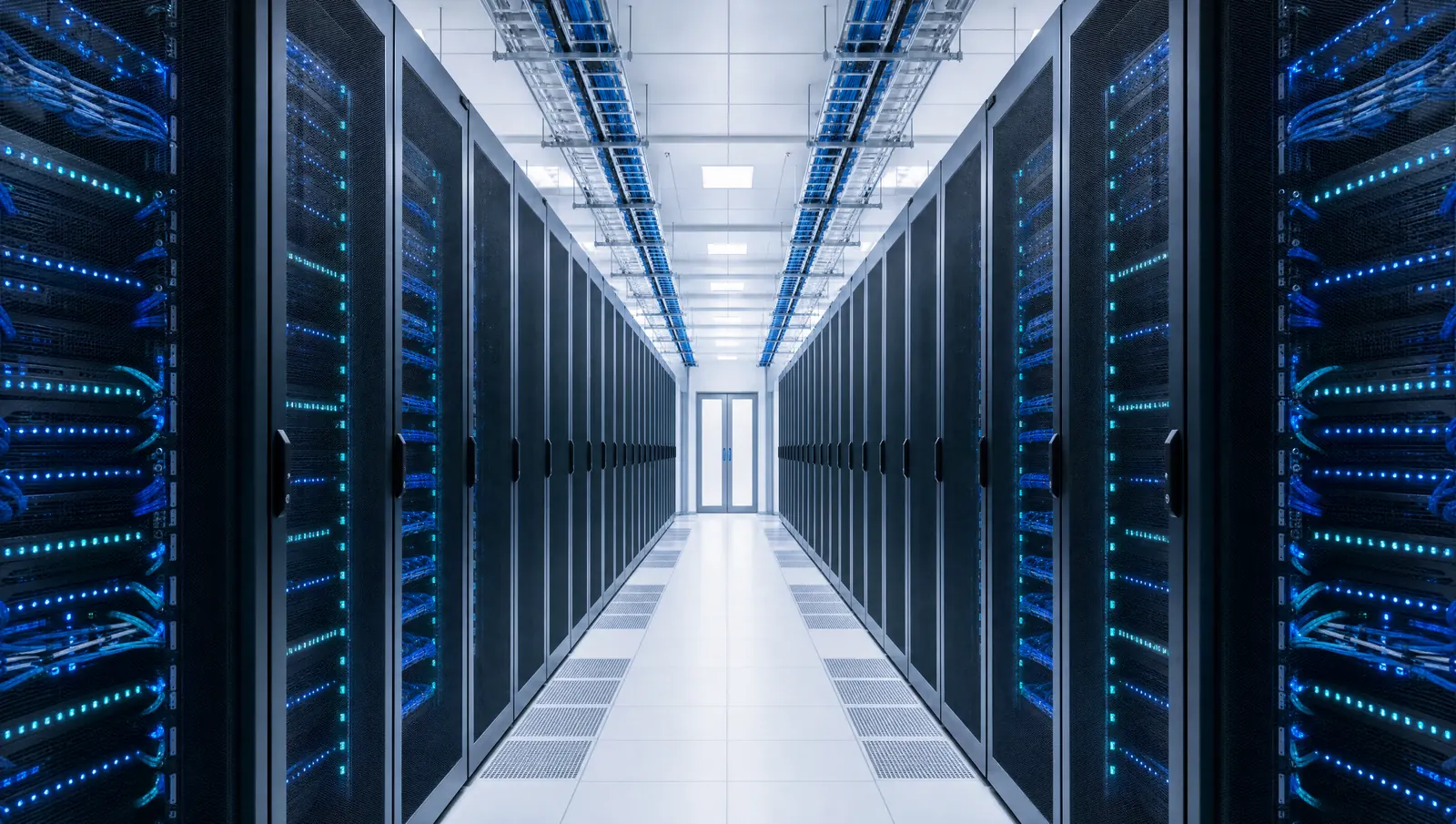A bright, orderly data centre aisle with cyan status lights.