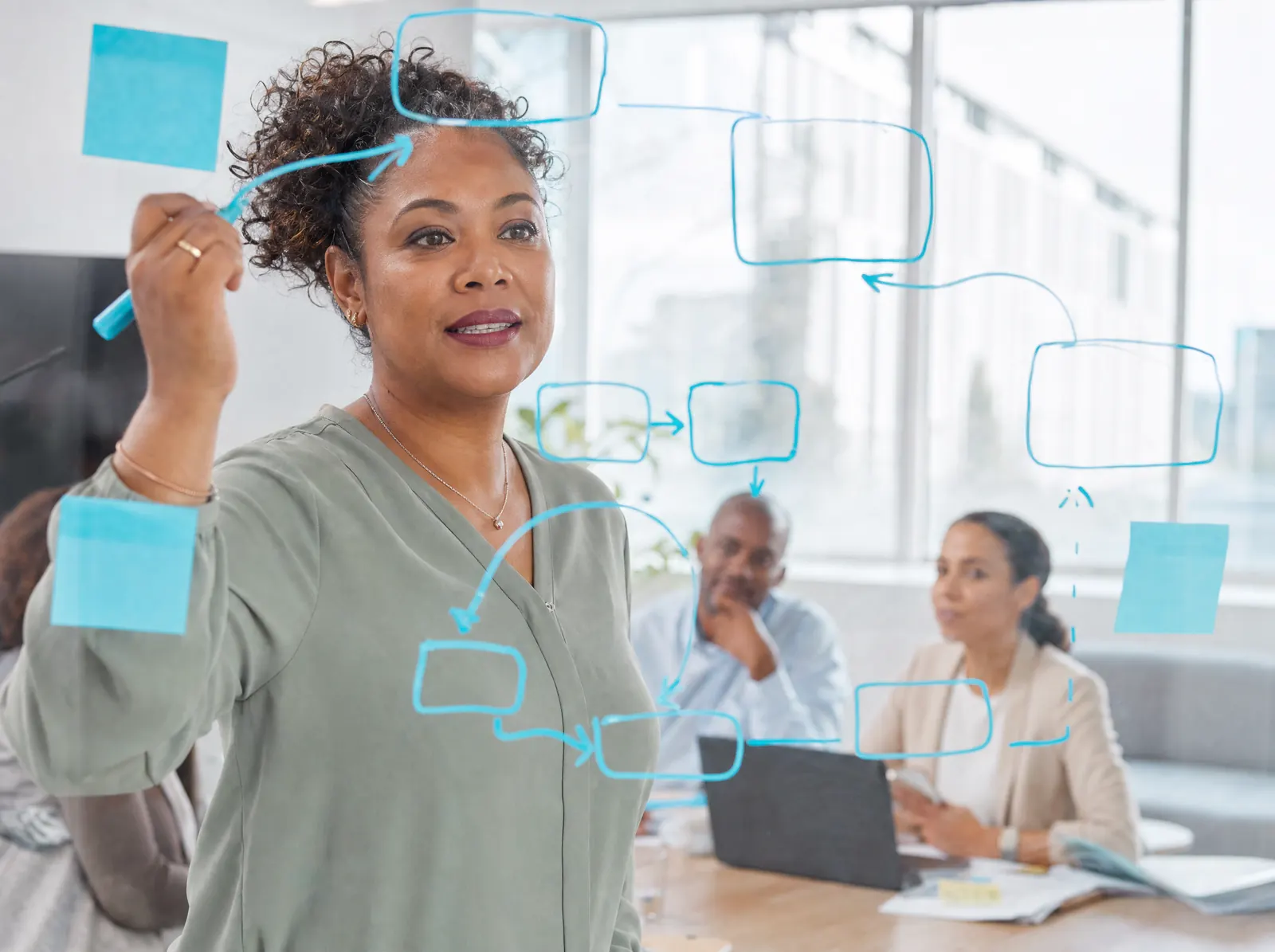 A consultant mapping a business process on a glass wall while colleagues watch.